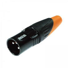 Load image into Gallery viewer, ENOVA XLR cable connector male 3-pin IP65 black metal housing and orange boot solder cups Australia