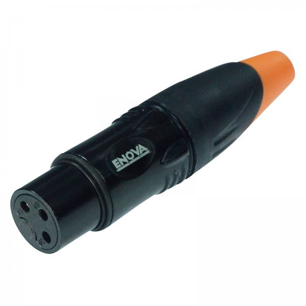 ENOVA XLR cable connector female 3-pin IP65 black housing and orange boot solder cups