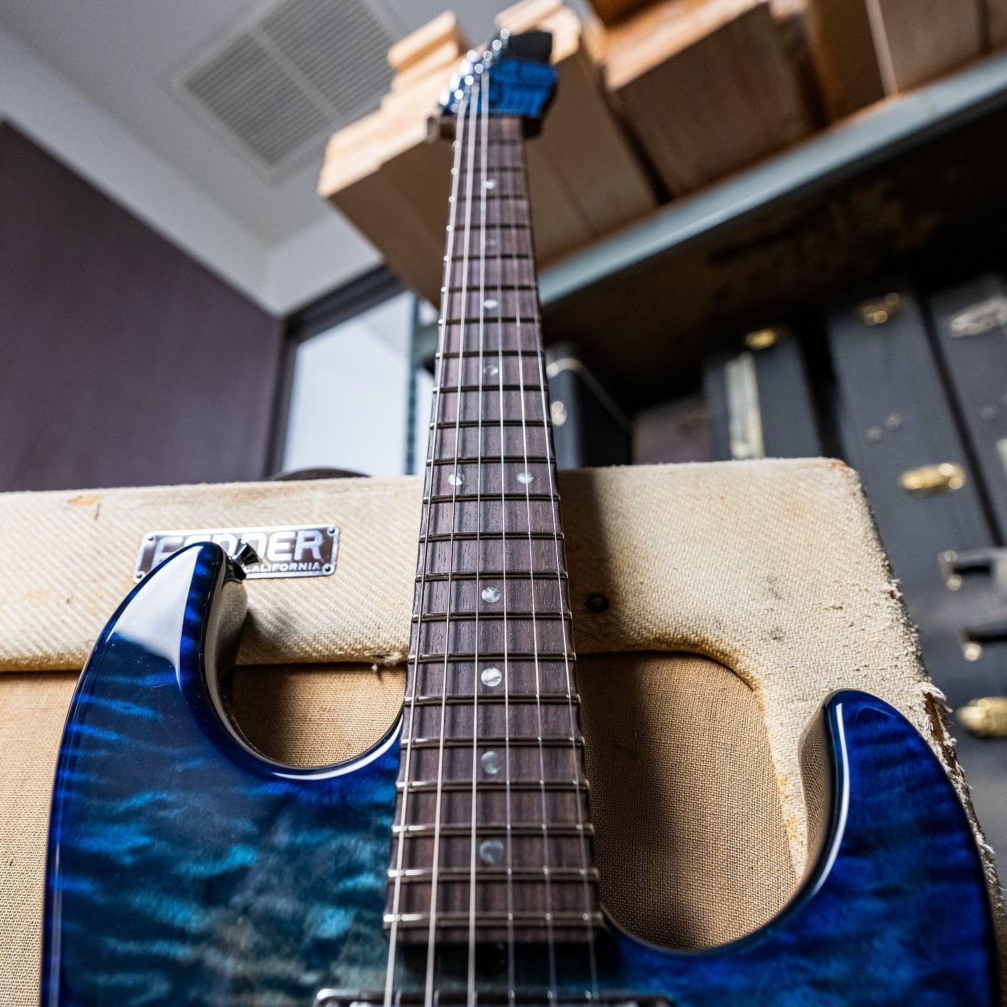 James Tyler USA Studio Elite HD-P with a quilted maple top and a roasted maple neck in Blue Burst finish