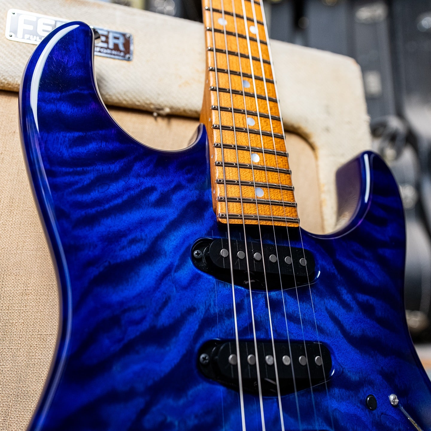 James Tyler USA Studio Elite HD in Blue-Purple Burst with a quilted maple top and a roasted maple neck