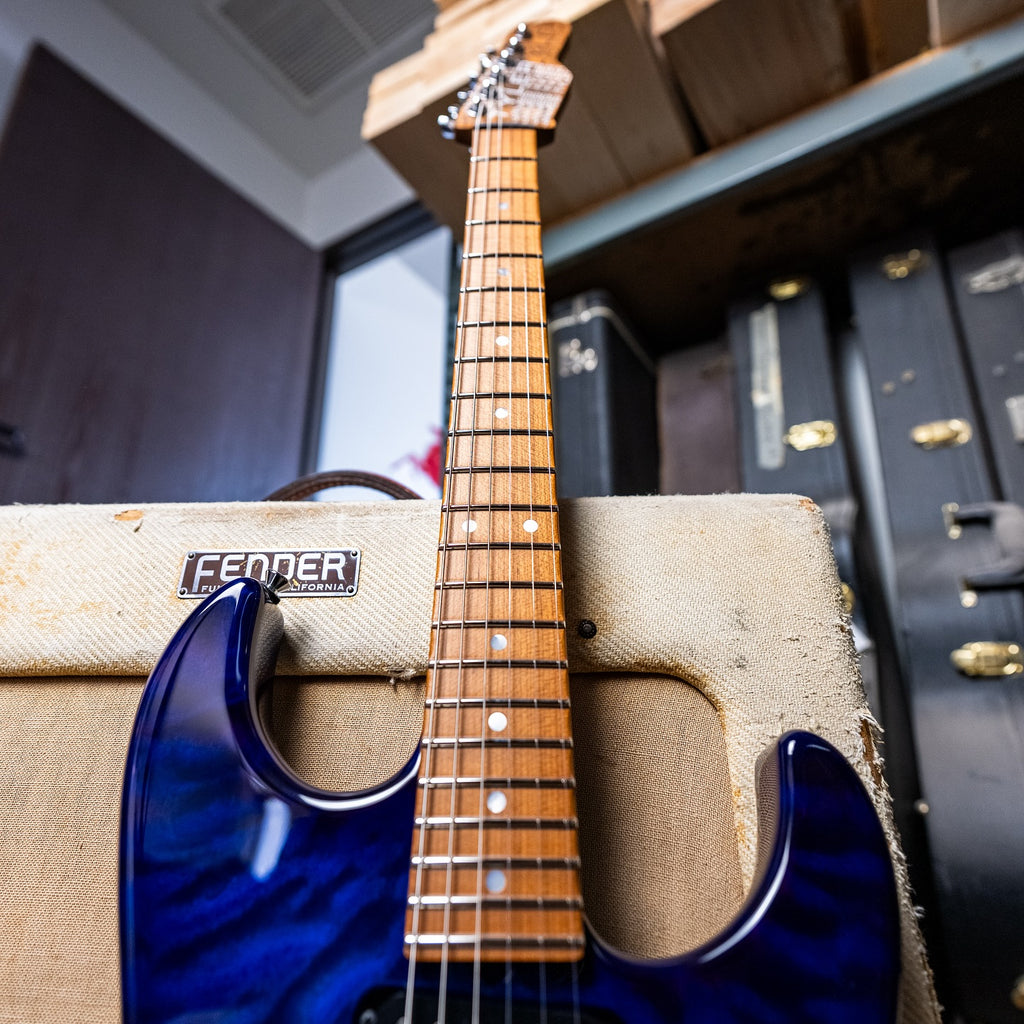 James Tyler USA Studio Elite HD in Blue-Purple Burst with a quilted maple top and a roasted maple neck