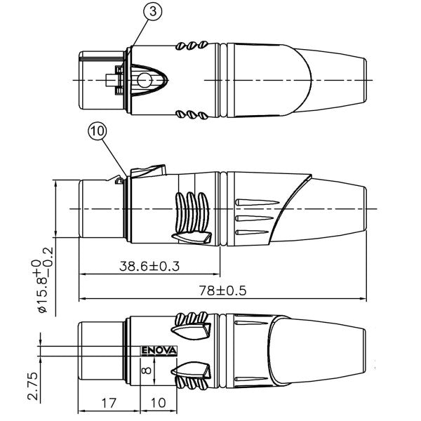 ENOVA XLR cable connector female 3-pin black housing and grey boot solder cups GMI Australia
